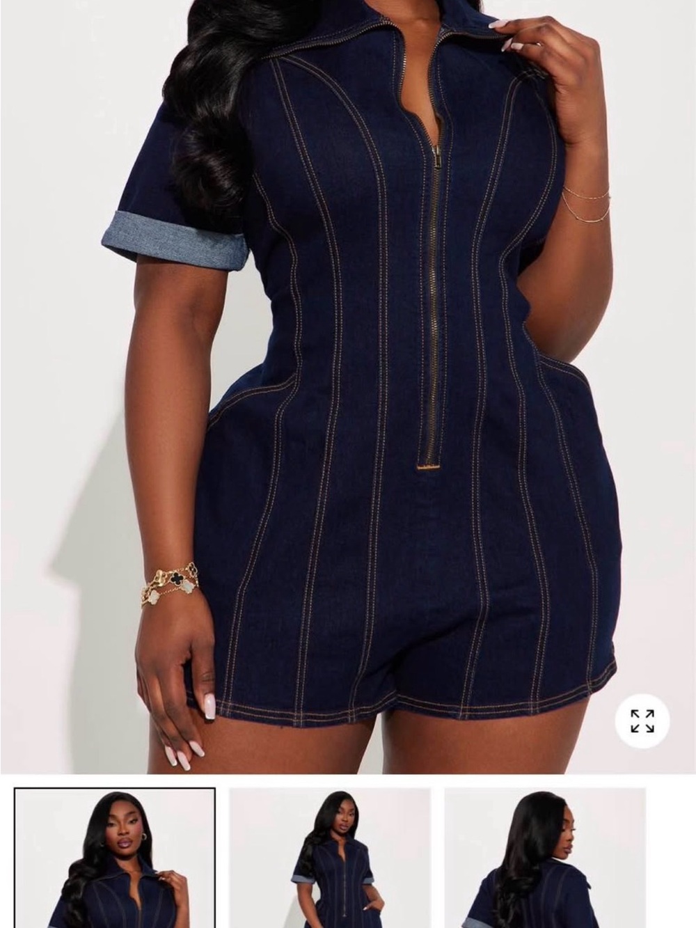 Fashion Nova Navy Denim Zip-Front Short Jumpsuit